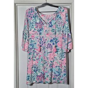 Lilly Pulitzer Tunic Dress Zanzibar Blue Fish Kiss Size S Bell Sleeve Tassel